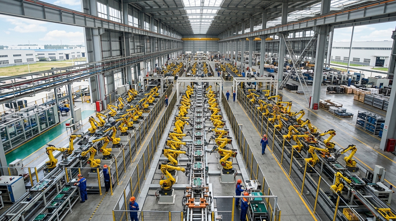Usine manufacturière chinoise avec bras robotiques automatisés vue du dessus