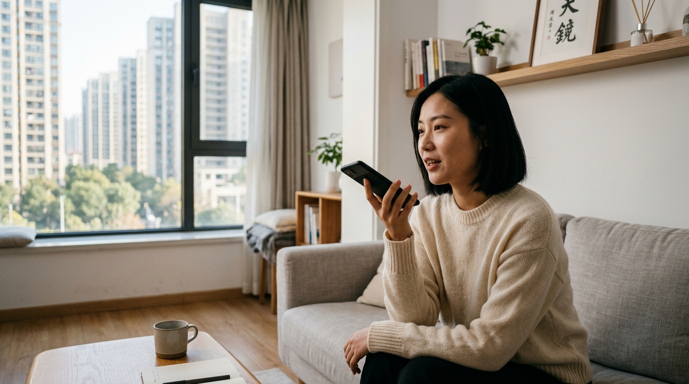 Utilisateur donnant une commande vocale à son smartphone dans un appartement moderne