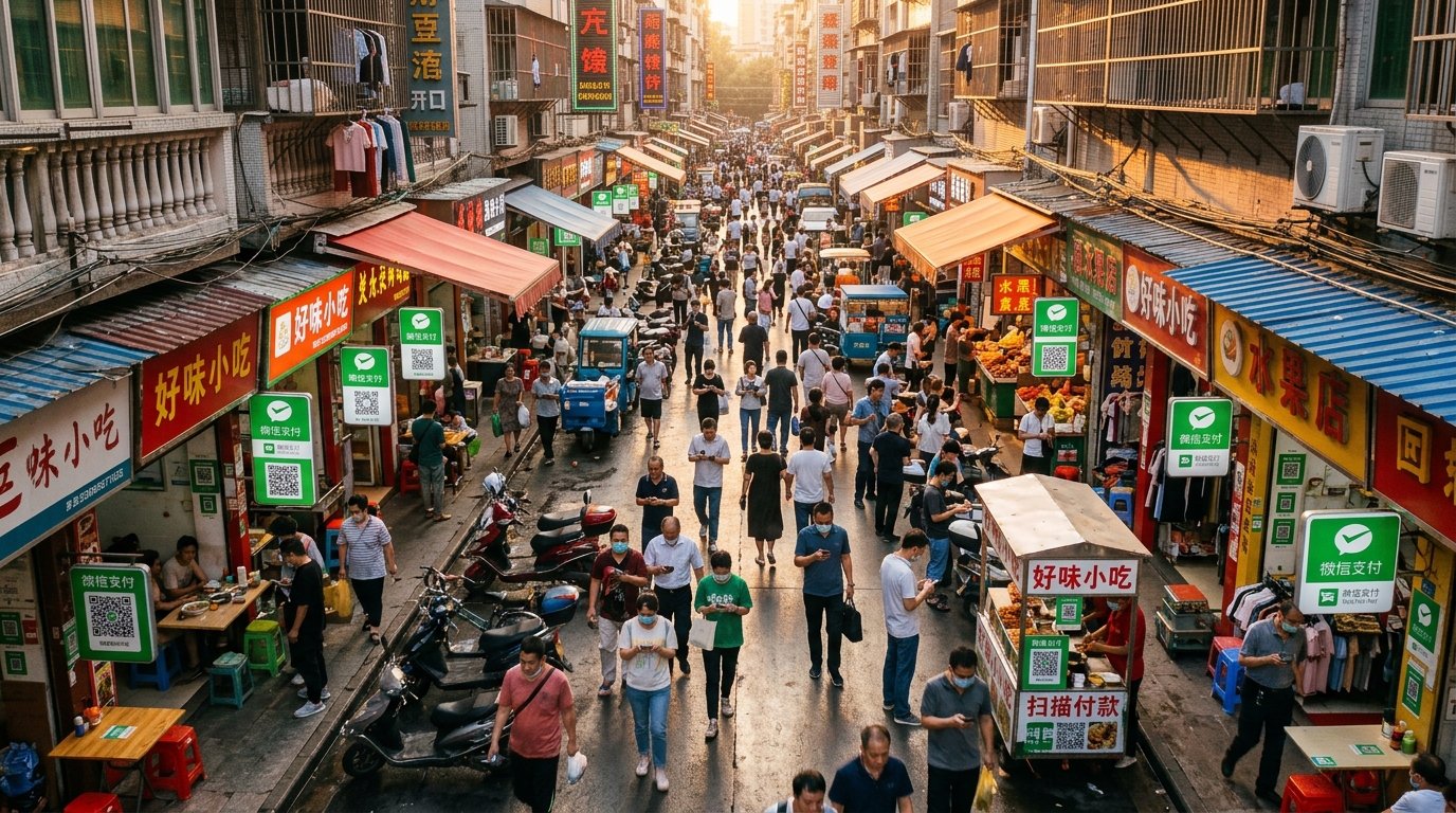 Utilisateurs de WeChat dans une rue commerçante en Chine