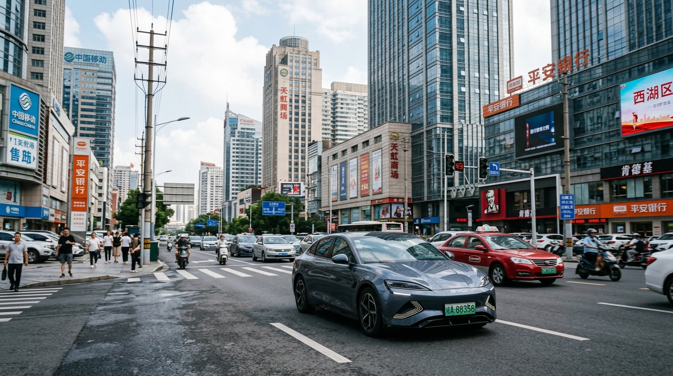 Véhicule électrique BYD dans une rue chinoise