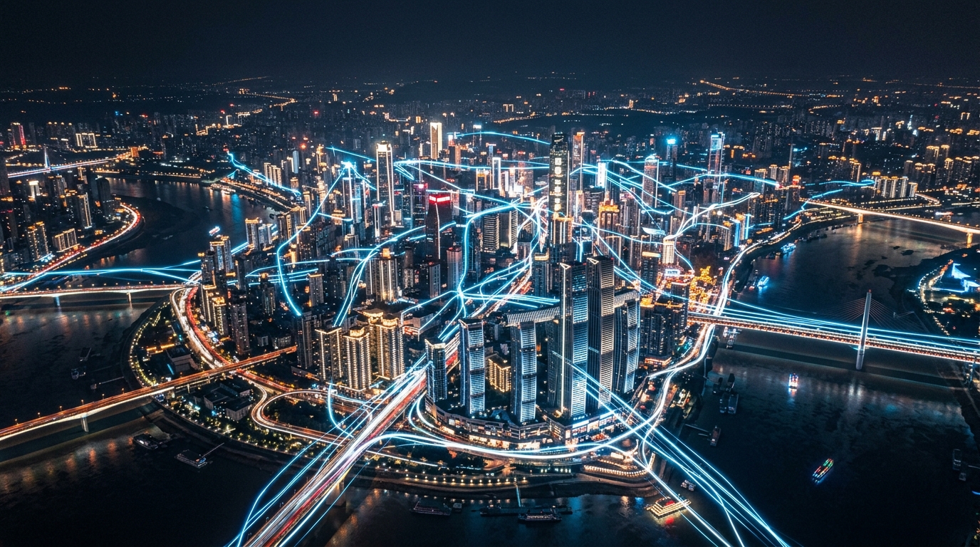 Ville intelligente chinoise avec flux de données numériques la nuit