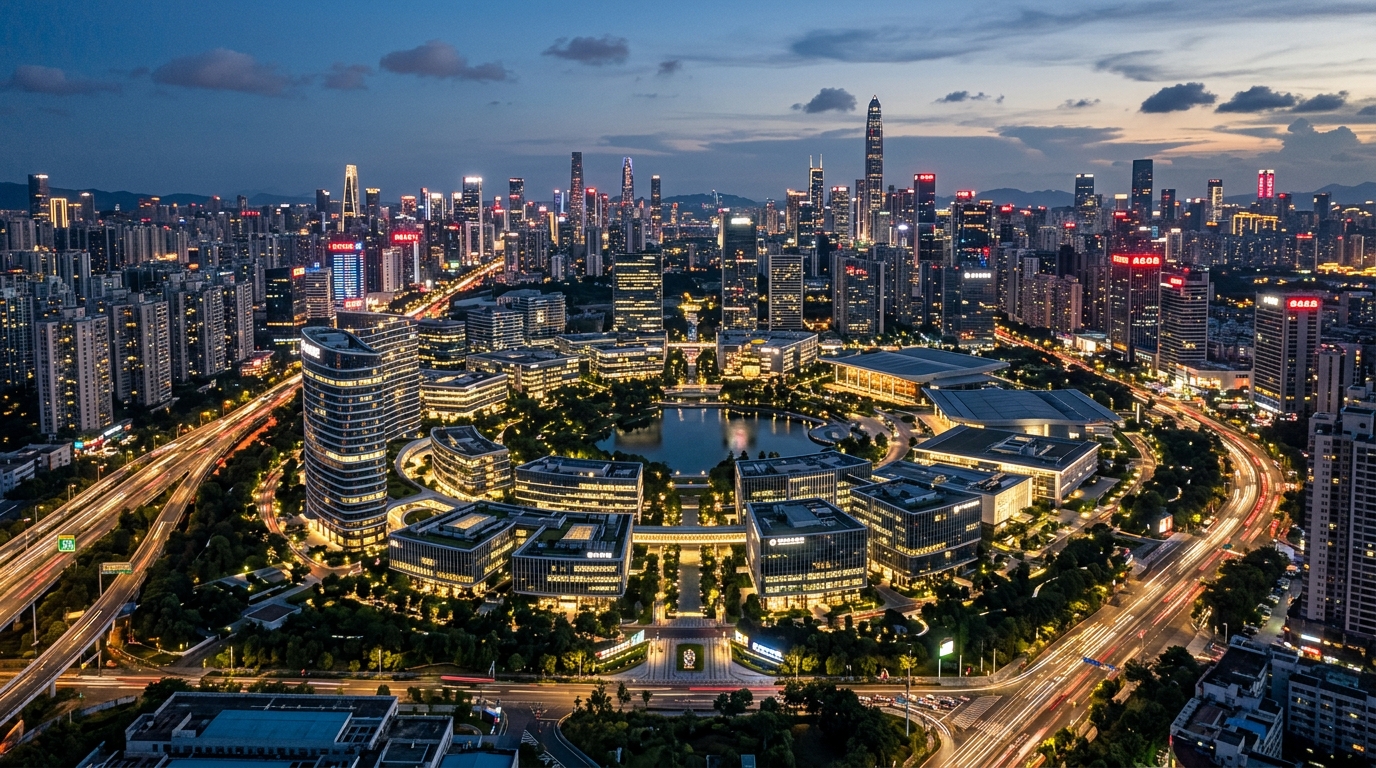 Vue aérienne d'un campus technologique à Shenzhen au crépuscule