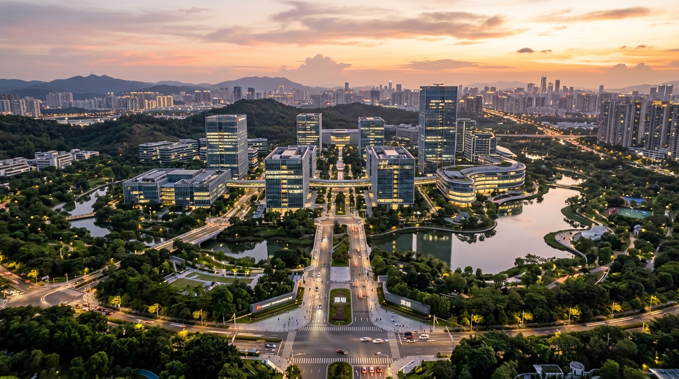Vue aérienne d'un campus technologique chinois au crépuscule