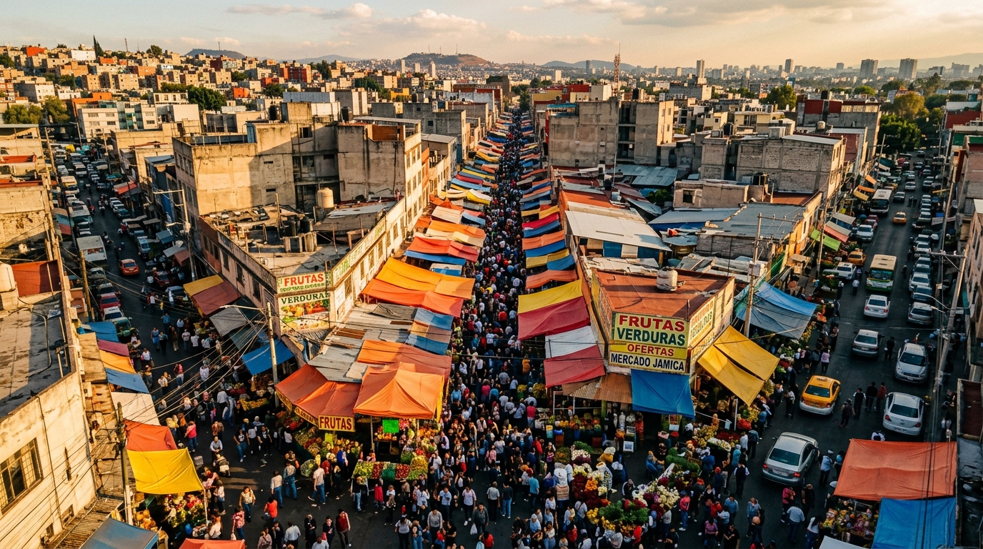 Vue aérienne d'un marché animé à Mexico City