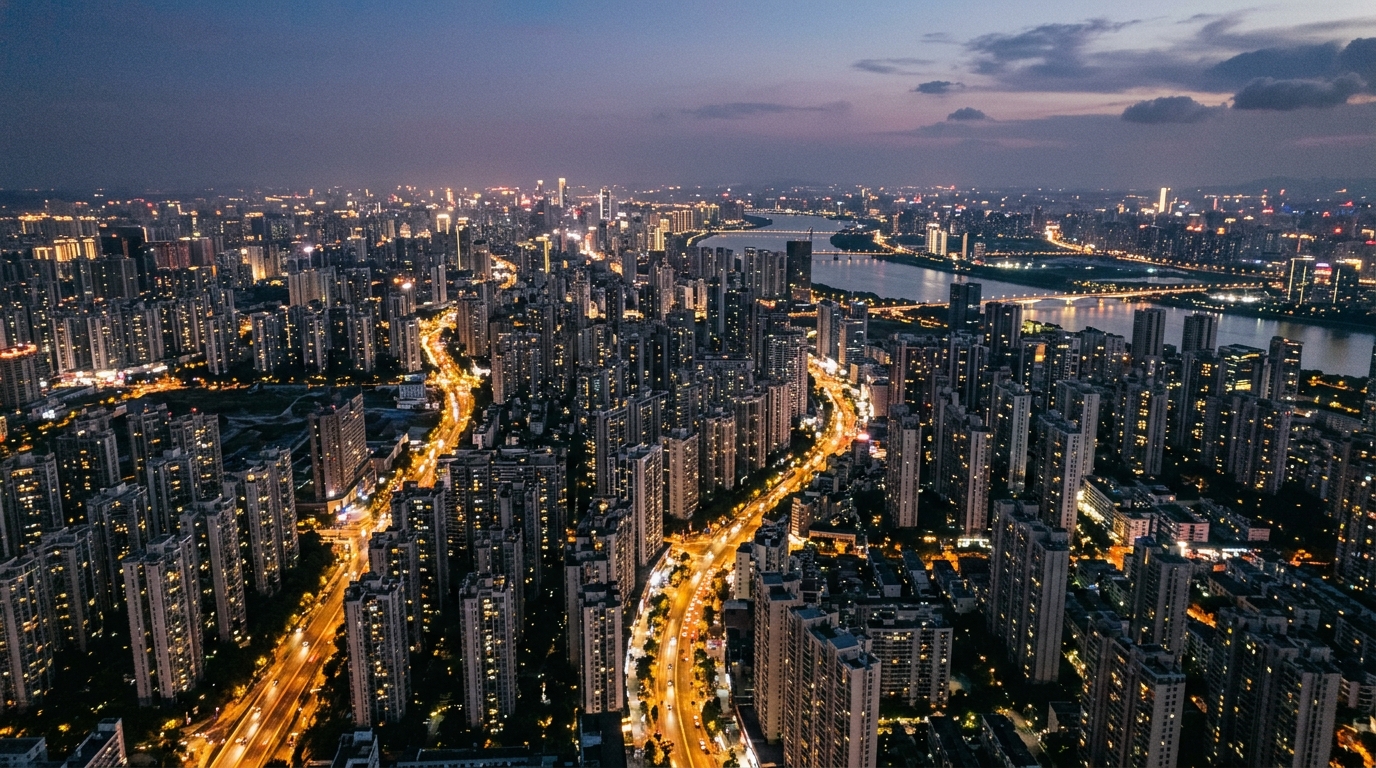 Vue aérienne d'une mégapole chinoise la nuit, immeubles résidentiels anonymes et lumières urbaines