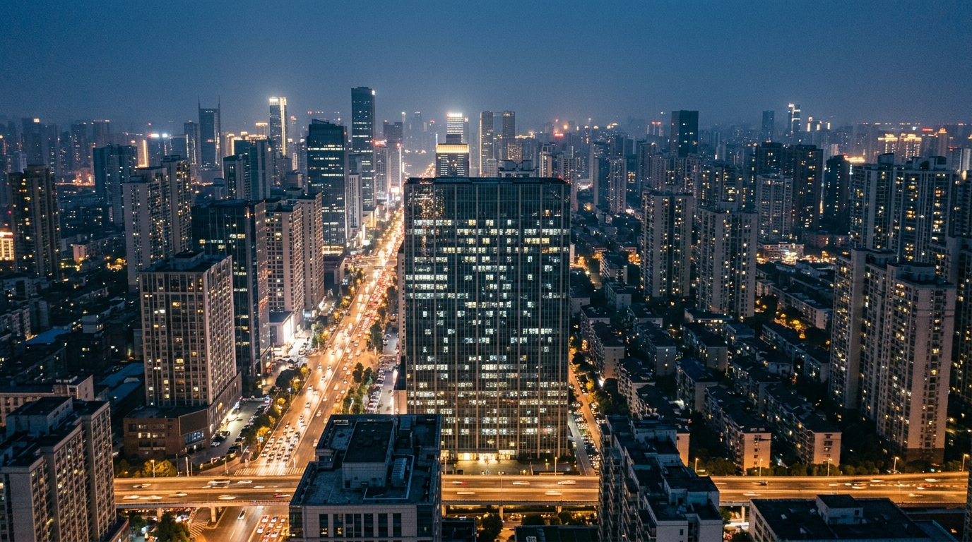 Vue aérienne d'une métropole chinoise de nuit avec écrans lumineux
