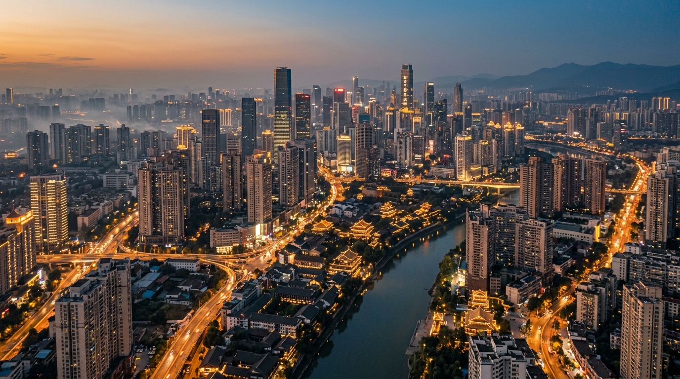 Vue aérienne d'une ville chinoise au crépuscule, province du Sichuan