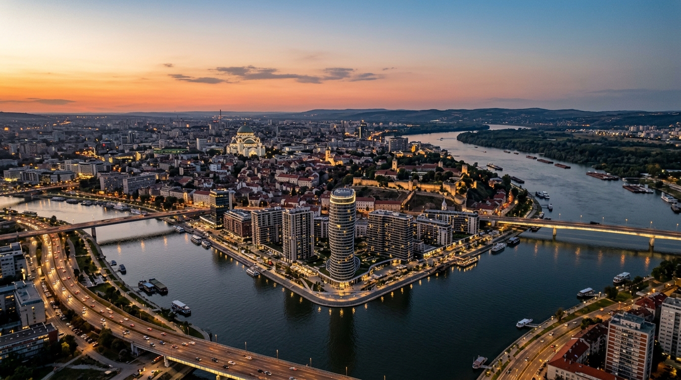 Vue aérienne de Belgrade au coucher du soleil