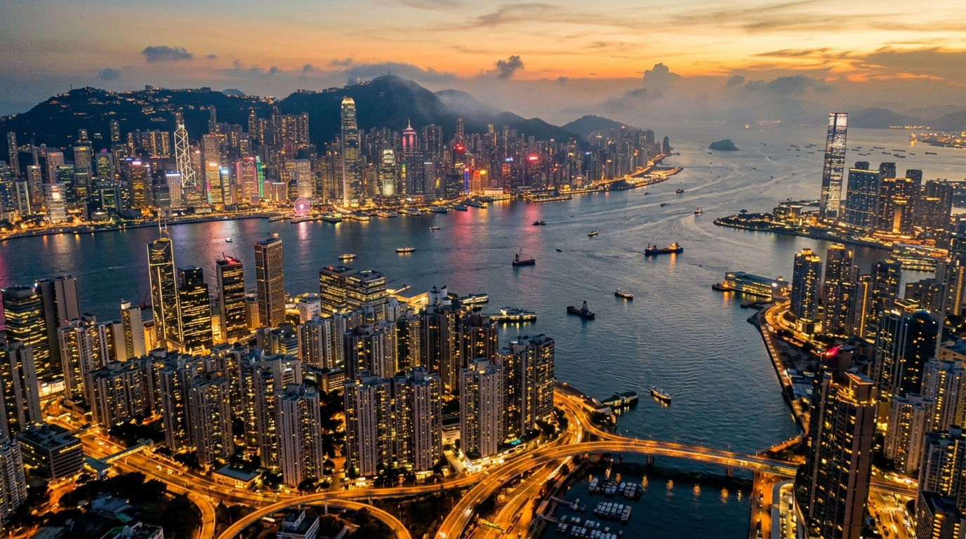 Vue aérienne de Hong Kong au crépuscule
