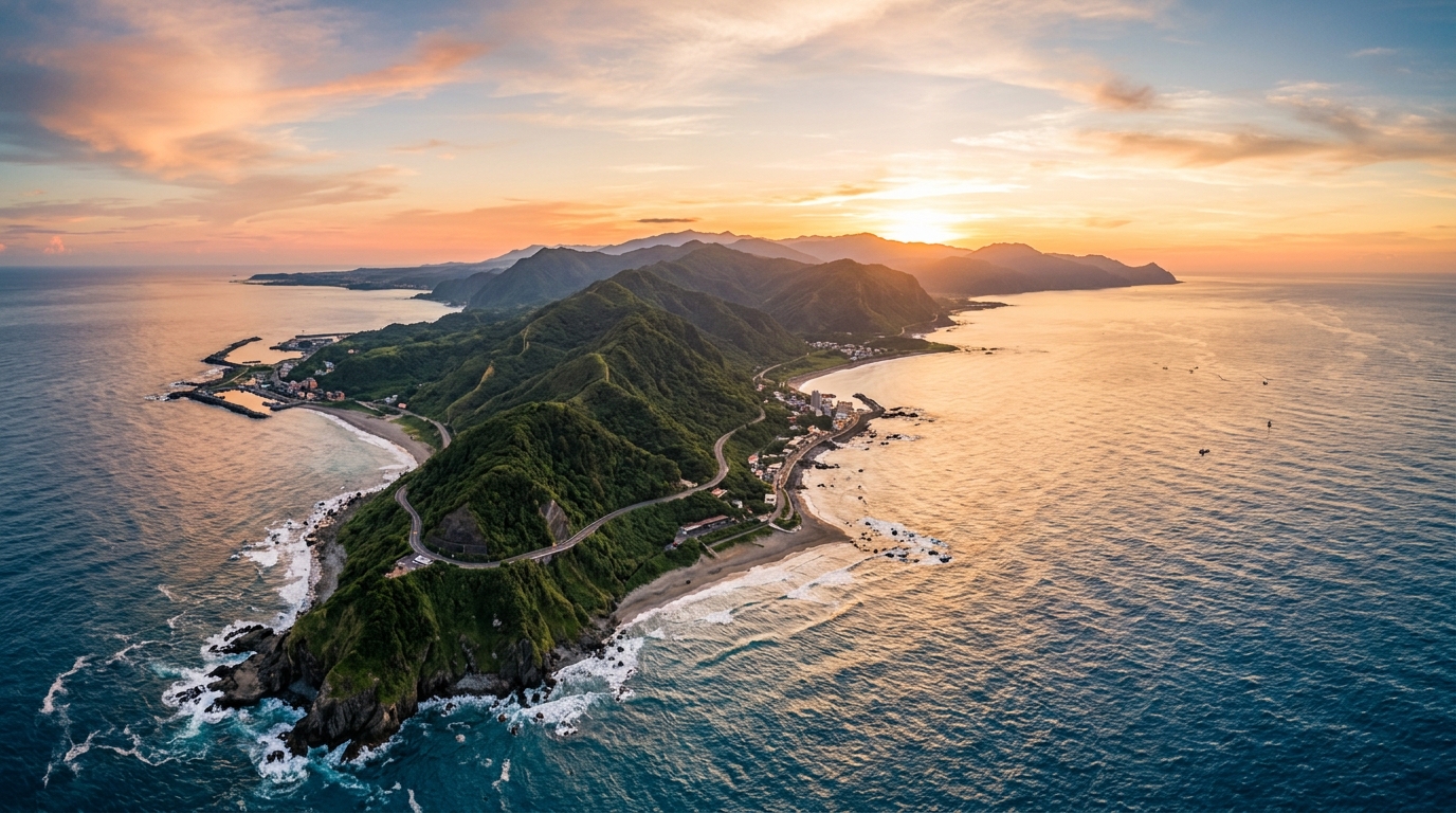 Vue aérienne de l'île de Taïwan au coucher de soleil