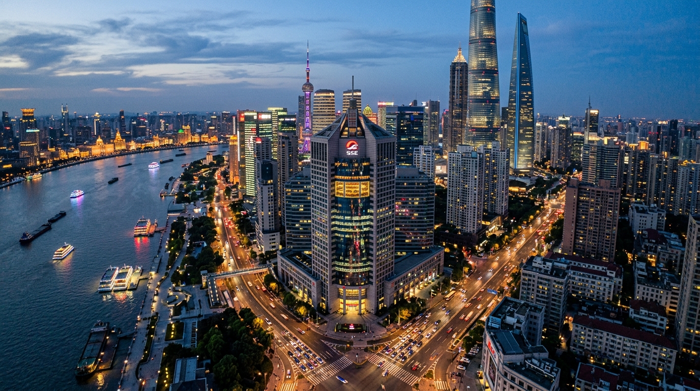 Vue aérienne de la Bourse de Shanghai au crépuscule