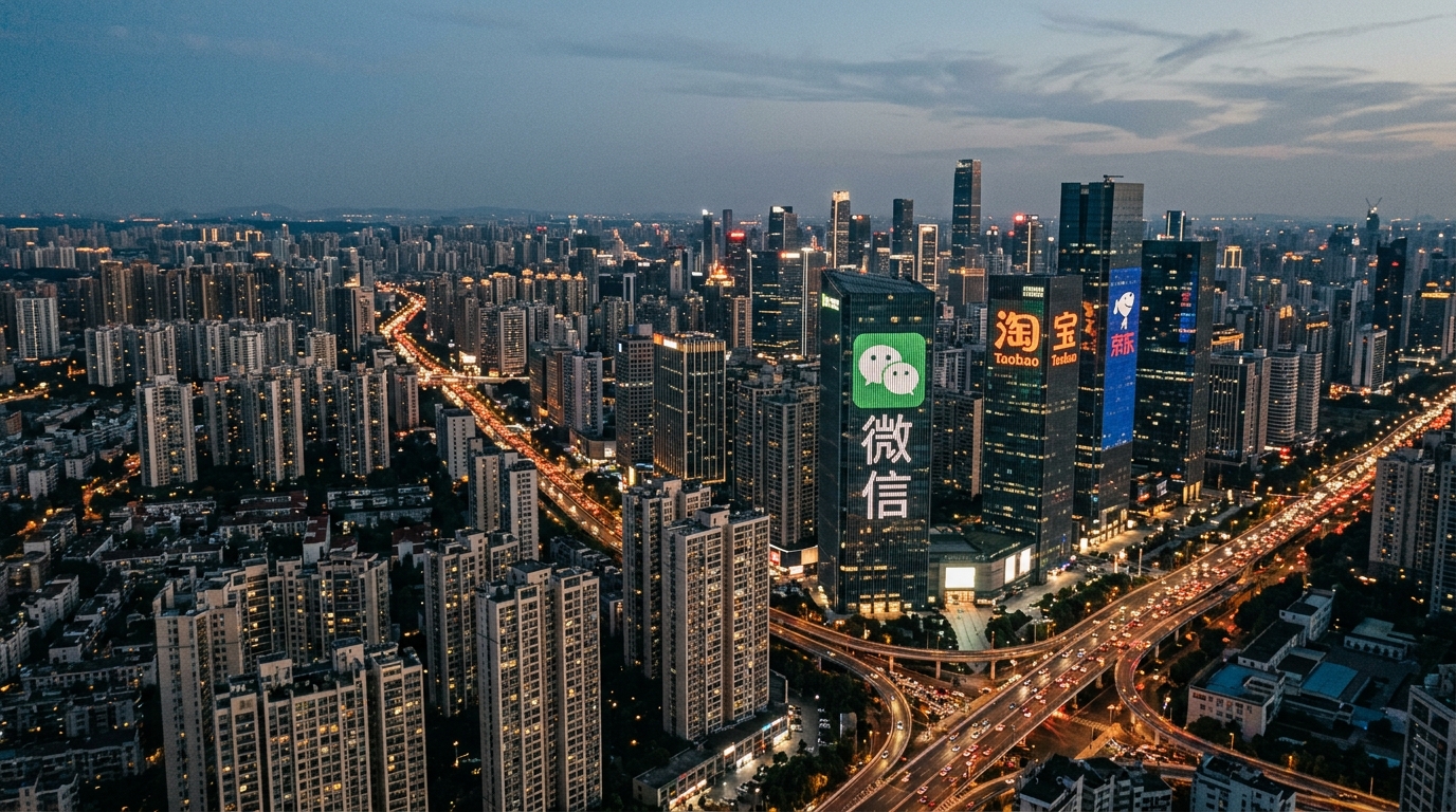 Vue aérienne de métropole chinoise avec logos de super-apps projetés sur les immeubles