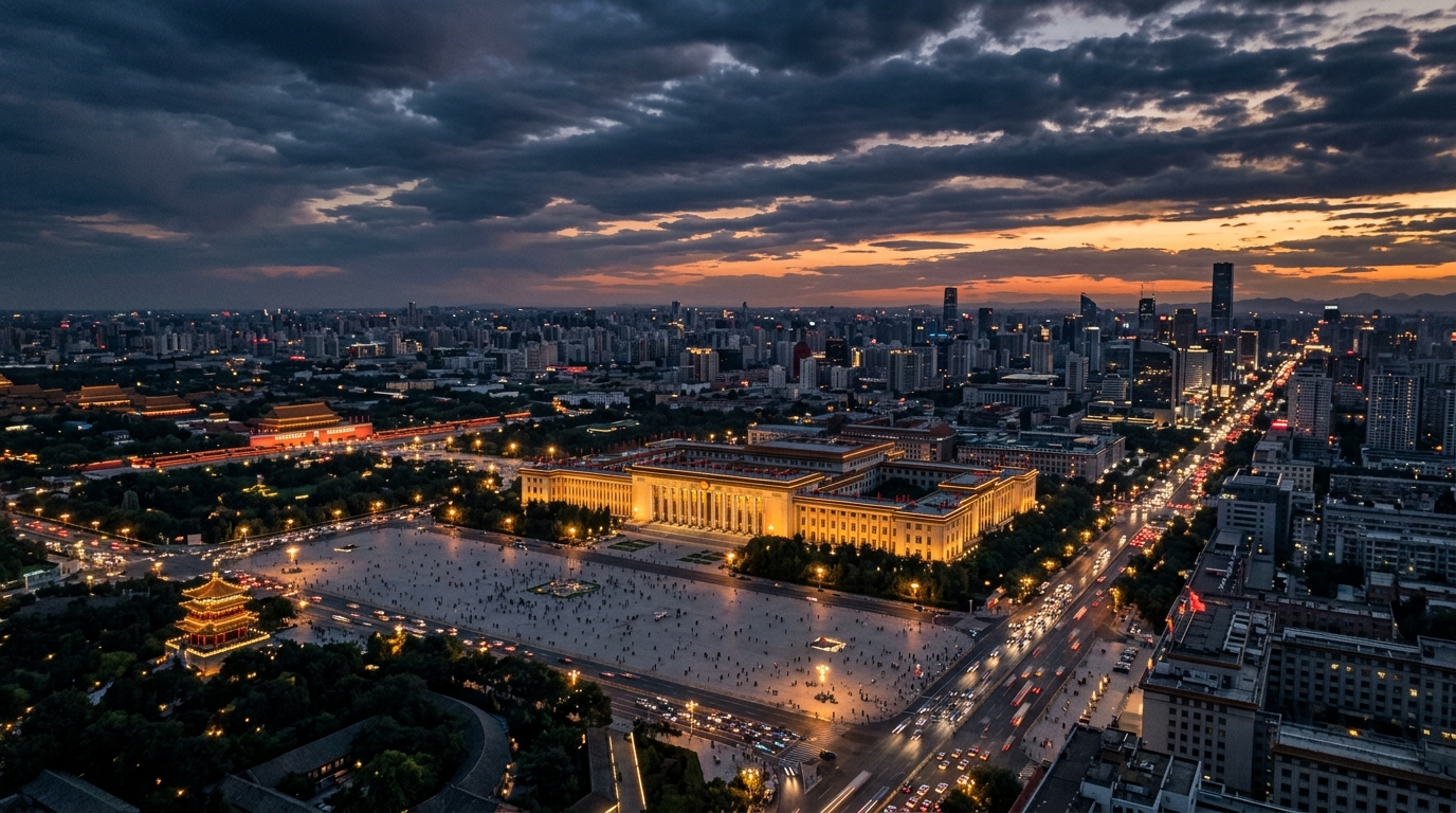 Vue aérienne de Pékin au crépuscule avec le Grand Palais du Peuple