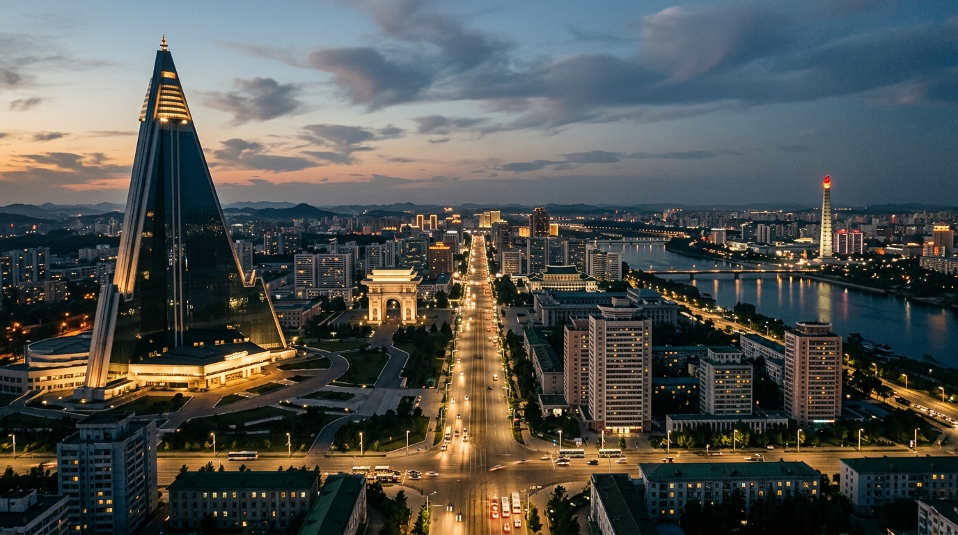 Vue aérienne de Pyongyang au crépuscule