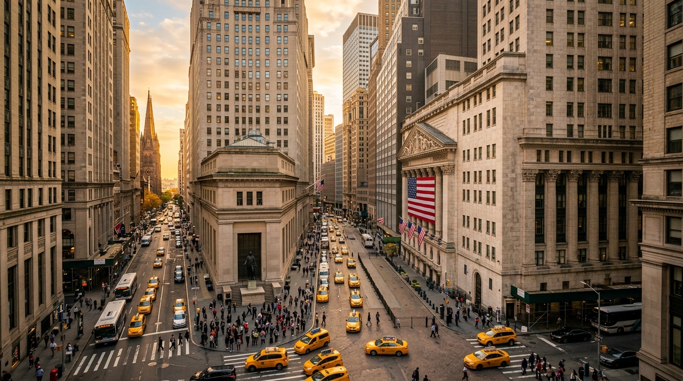 Vue aérienne de Wall Street et du New York Stock Exchange