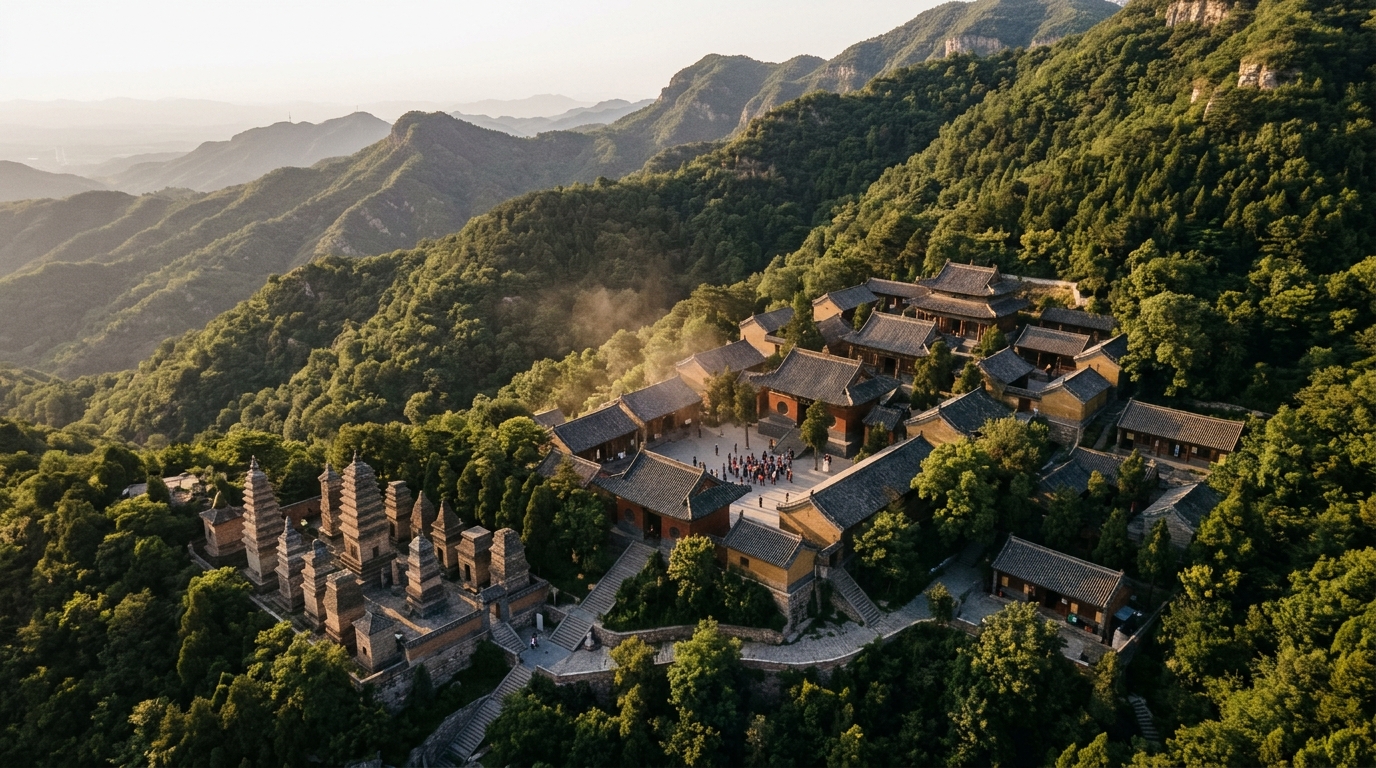 Vue aérienne du complexe du temple Shaolin entouré de montagnes boisées
