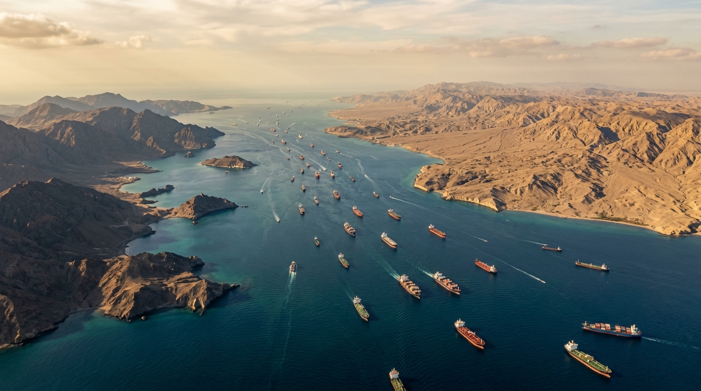 Vue aérienne du détroit d'Ormuz avec des pétroliers en transit