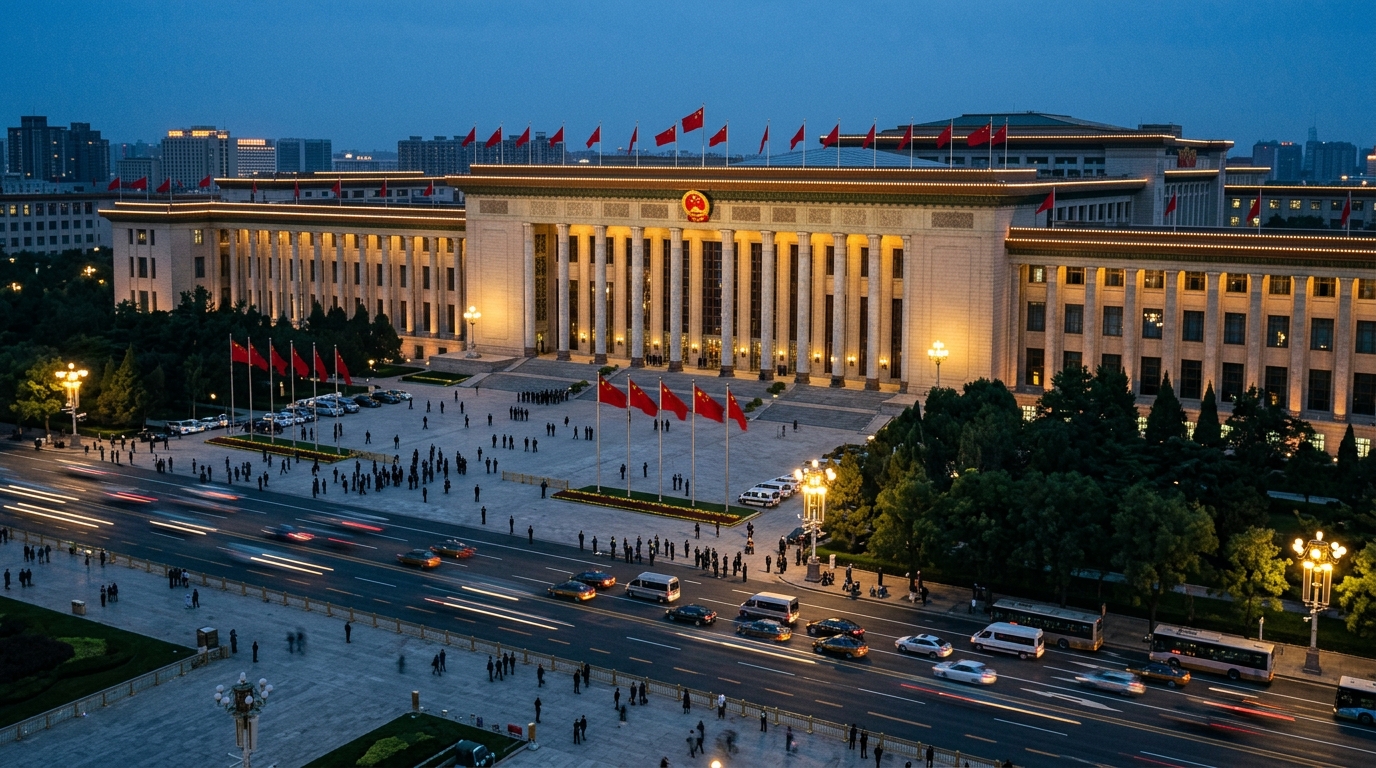 Vue aérienne du Grand Palais du Peuple à Pékin au crépuscule