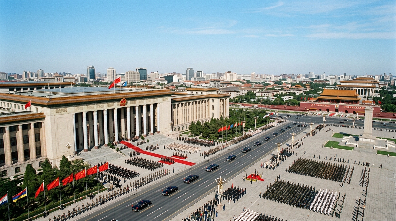 Vue aérienne du Grand Palais du Peuple à Pékin lors d'une visite diplomatique