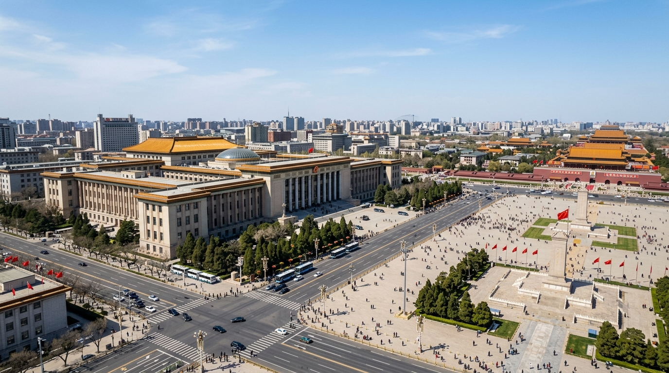 Vue aérienne du Grand Palais du Peuple et de la place Tian'anmen à Pékin