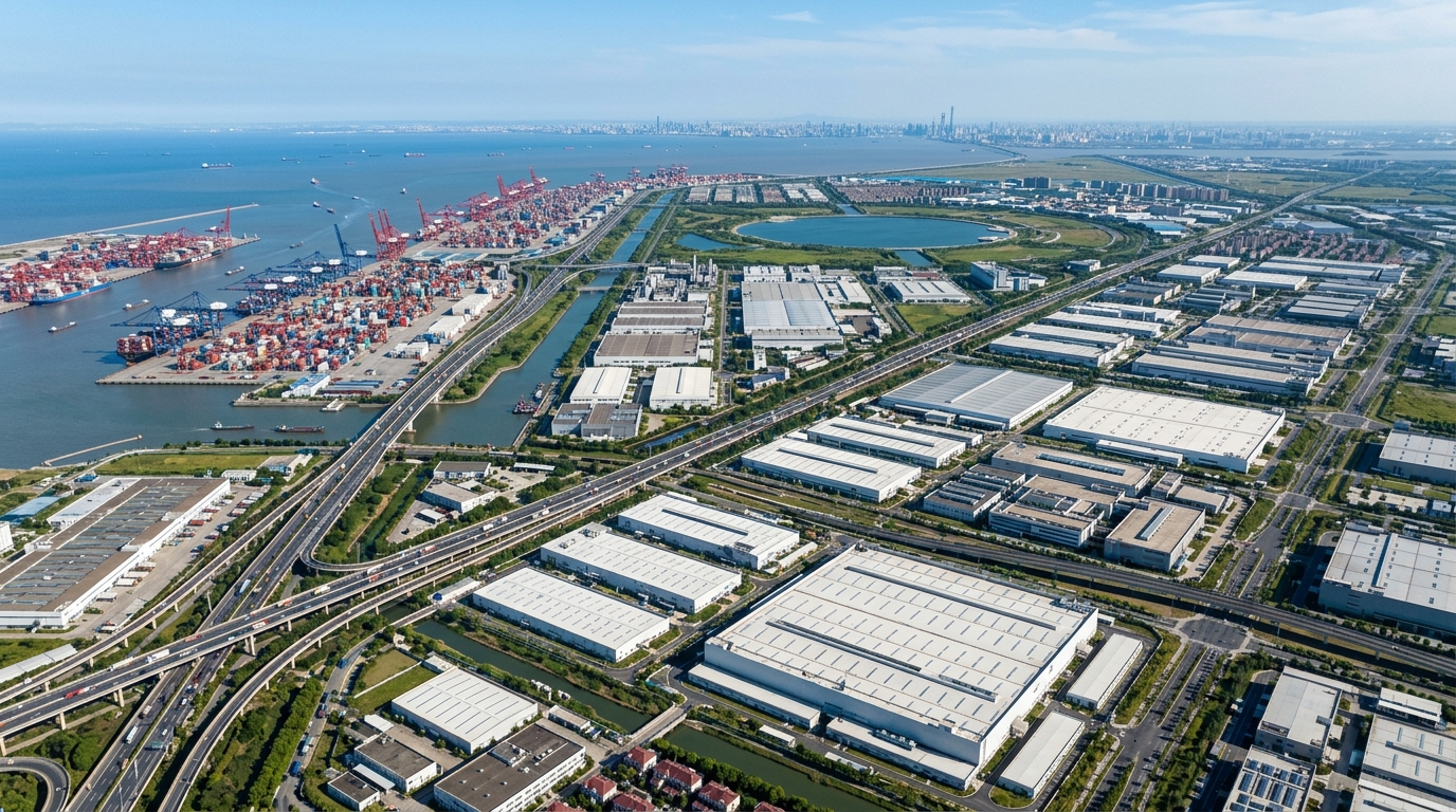 Zone industrielle de Lin-gang à Shanghai vue du ciel