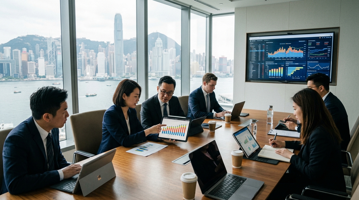 Analystes financiers dans une salle de réunion à Hong Kong