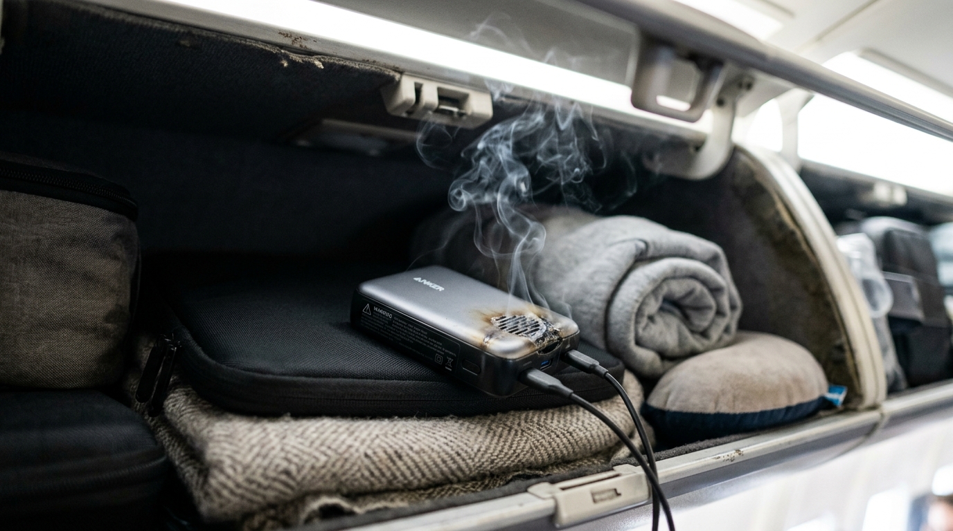 Batterie externe qui surchauffe et émet de la fumée dans un compartiment d'avion