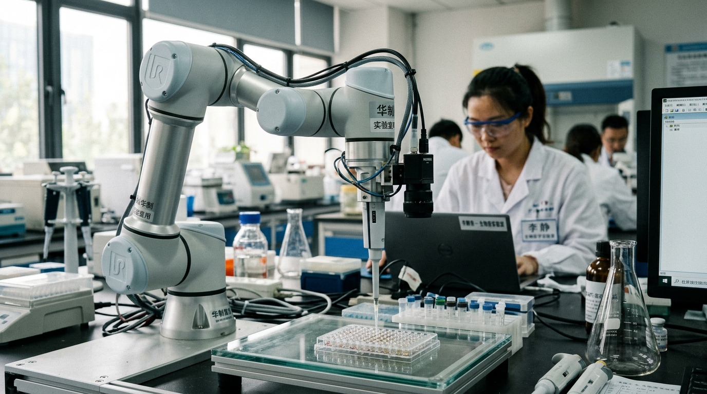 Bras robotique cobot réalisant une tâche de précision en laboratoire