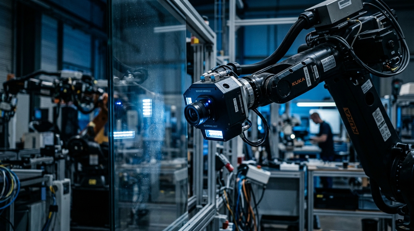 Bras robotique équipé d'un capteur visuel analysant une surface en verre