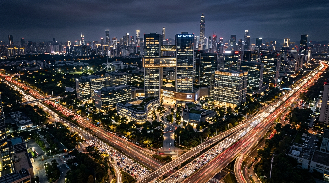 Campus technologique chinois illuminé la nuit vu du ciel