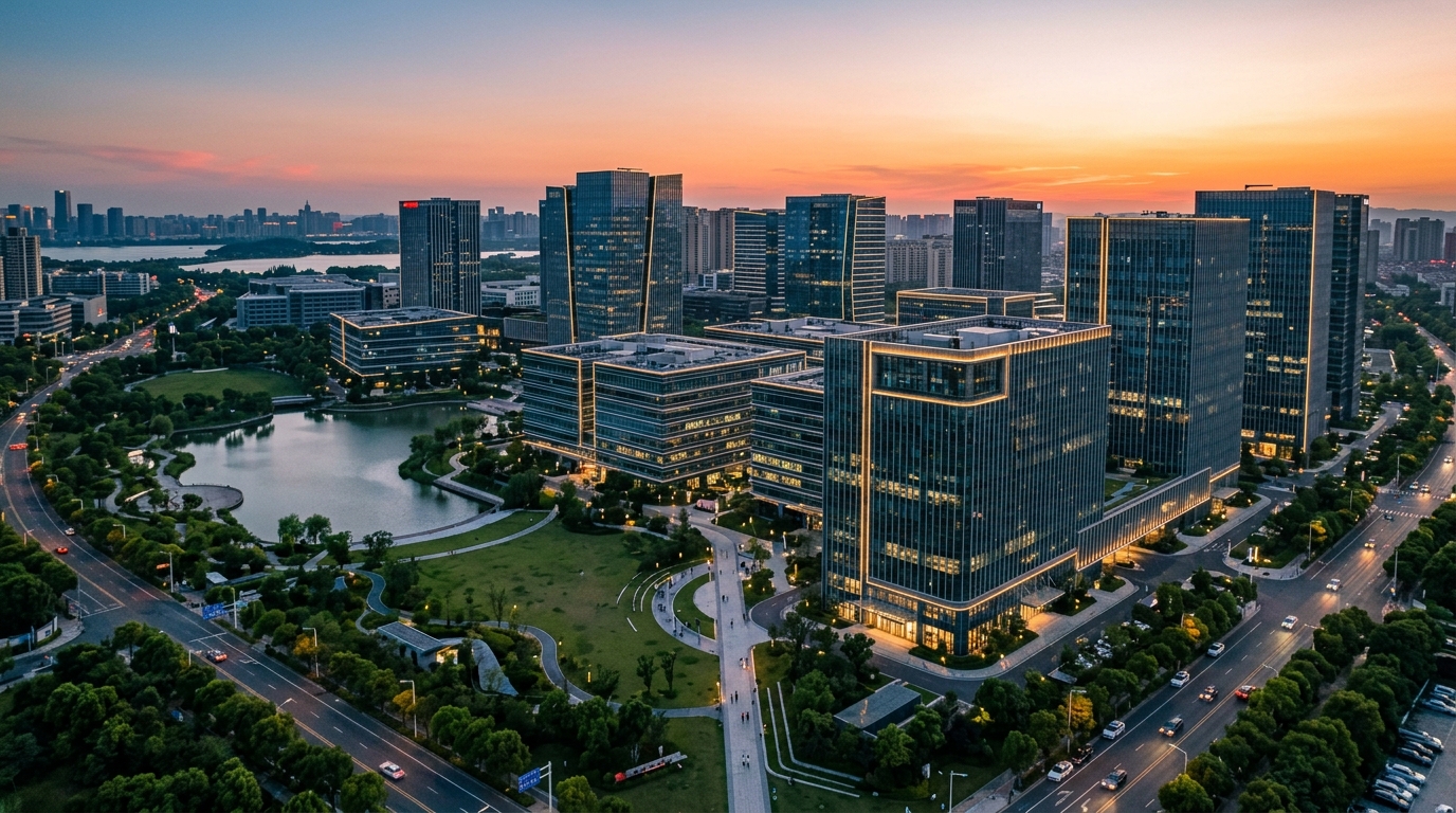 Campus technologique moderne à Hangzhou au crépuscule