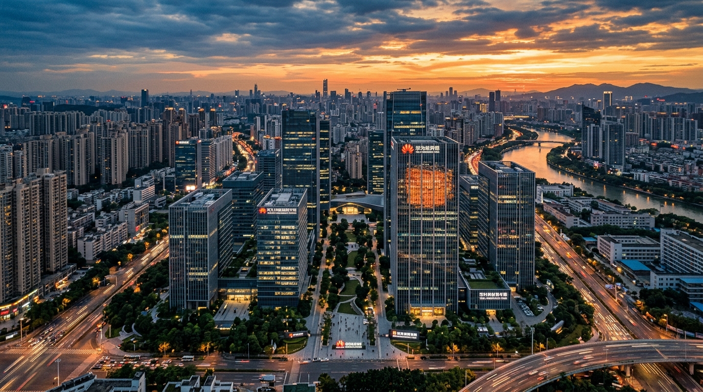 Campus technologique moderne en Asie au crépuscule vu du ciel