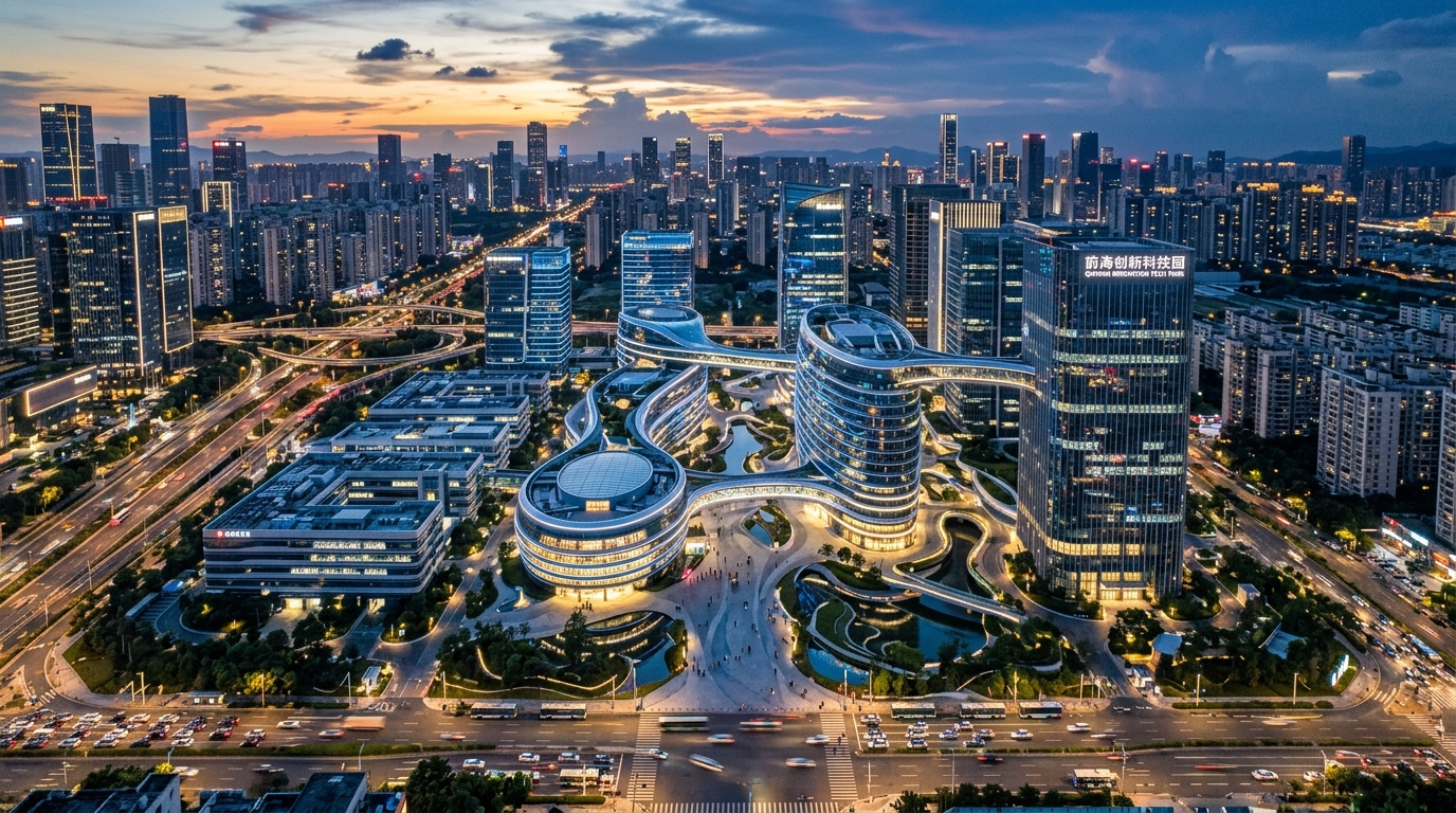 Campus technologique moderne en Chine au crépuscule