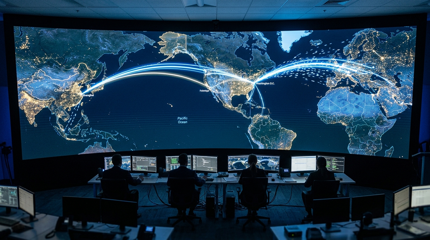 Carte numérique illustrant des connexions de cyberattaques entre États-Unis et Chine