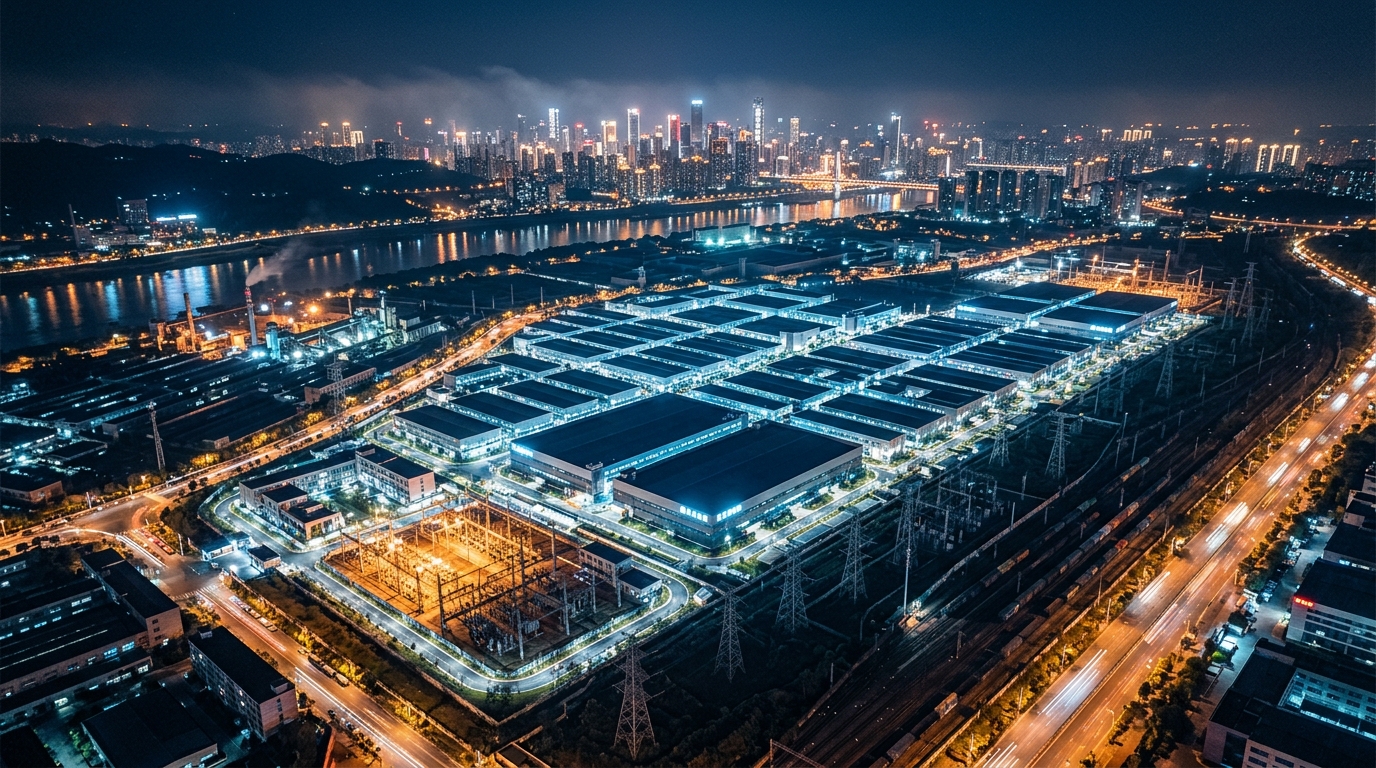 Centre de données chinois vu du ciel la nuit