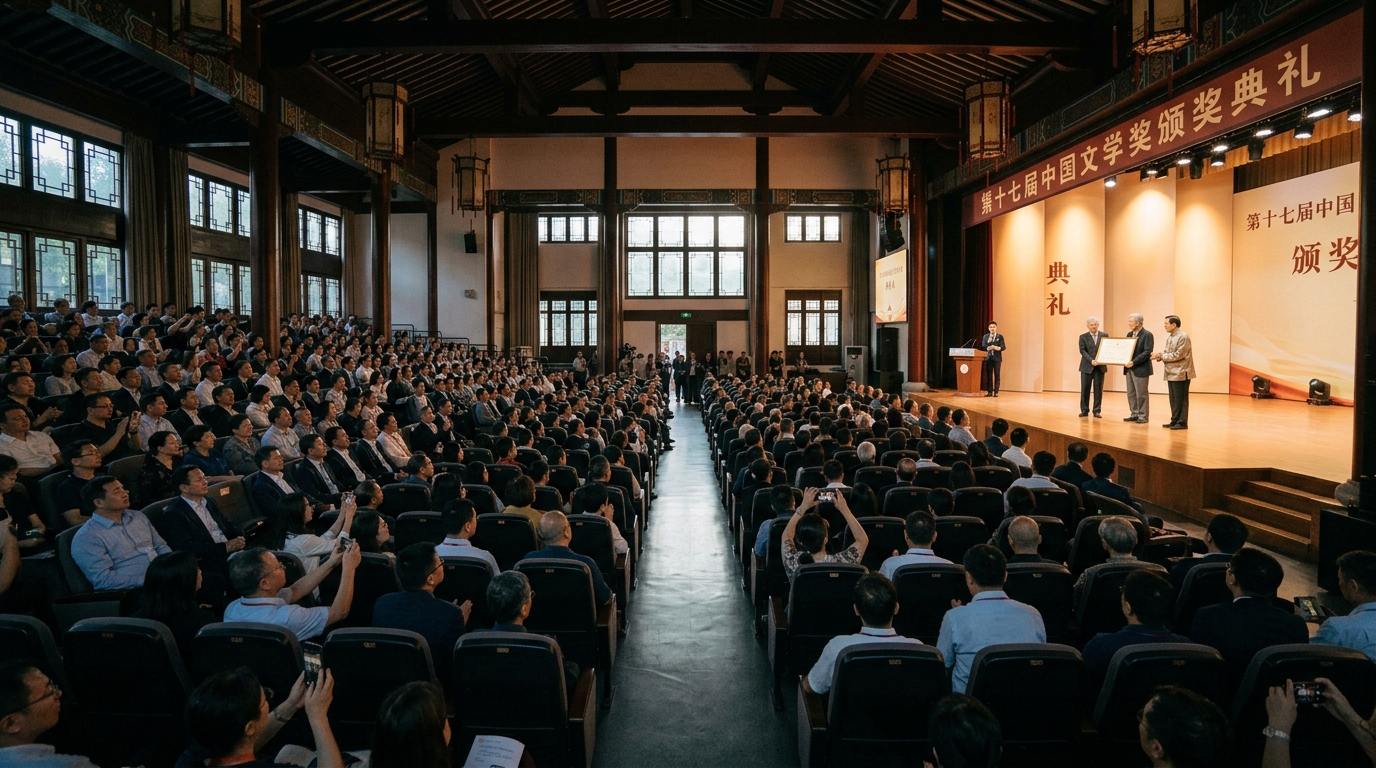 Cérémonie de remise de prix littéraire dans une grande salle culturelle chinoise