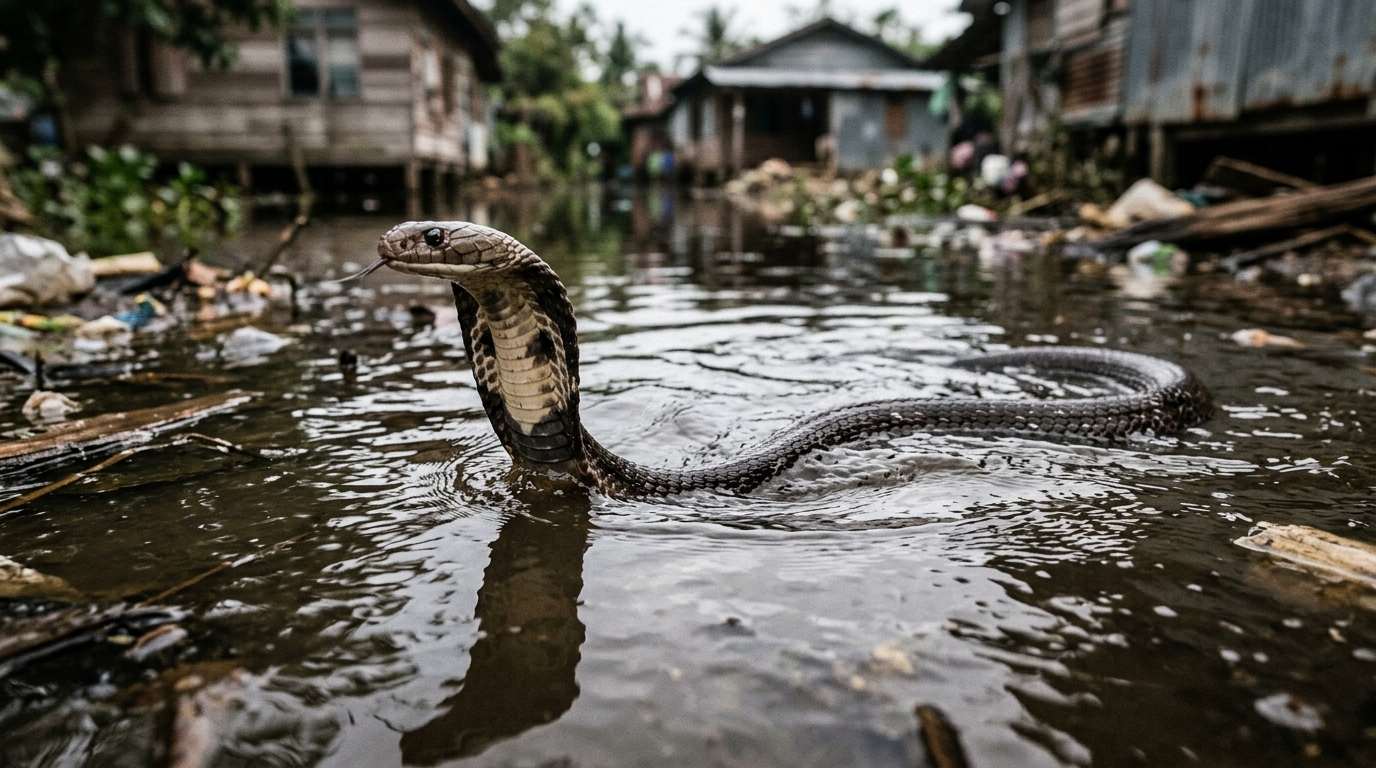 Cobra glissant sur l'eau d'inondation dans une rue du Guangxi