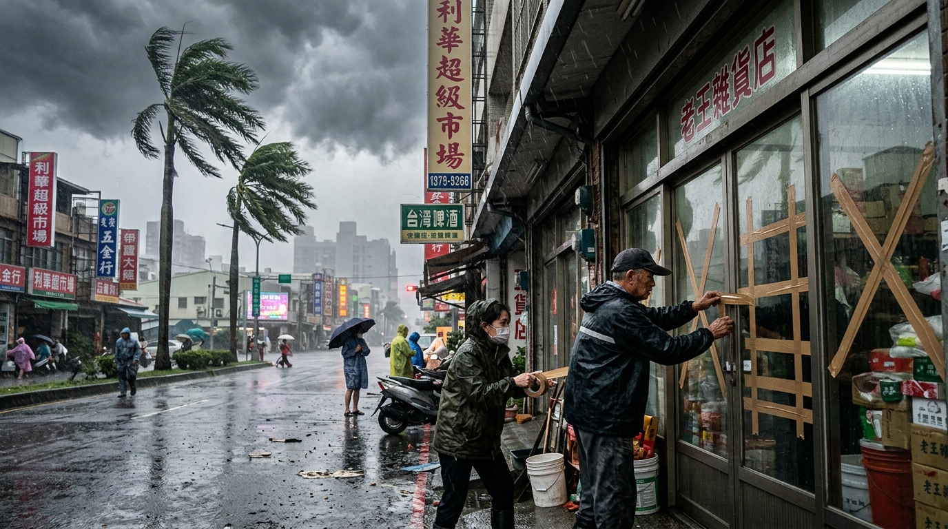 Commerçants de Taiwan renforçant leurs vitrines avant le passage du typhon