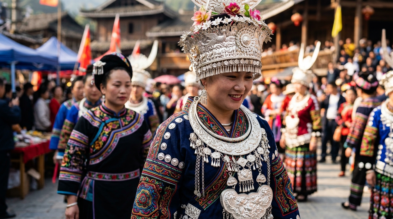 Costumes traditionnels de minorités ethniques chinoises lors d'un festival culturel