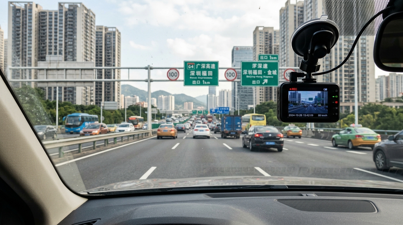 Dashcam installée sur un pare-brise de voiture en Chine