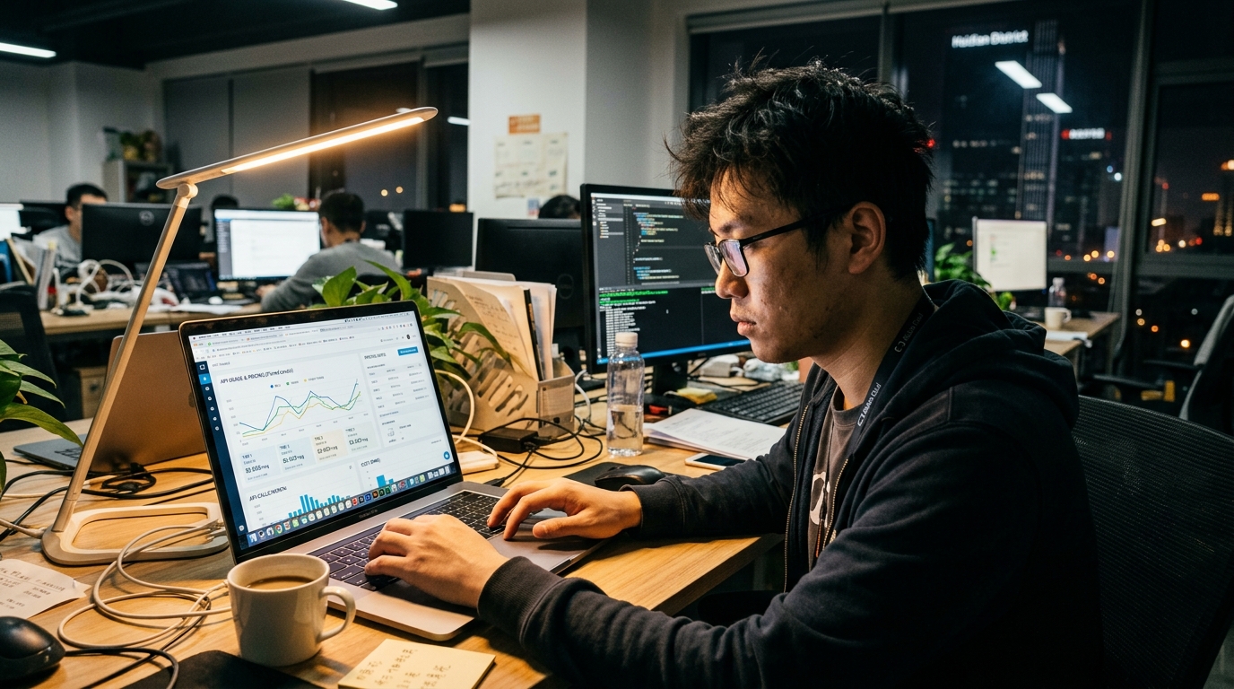 Développeur chinois analysant des données de tarification API