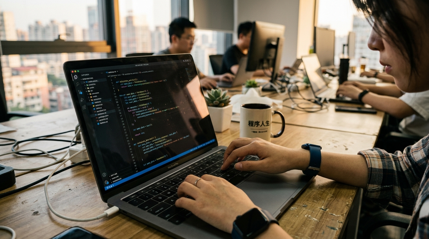 Développeur tapant du code sur un ordinateur portable