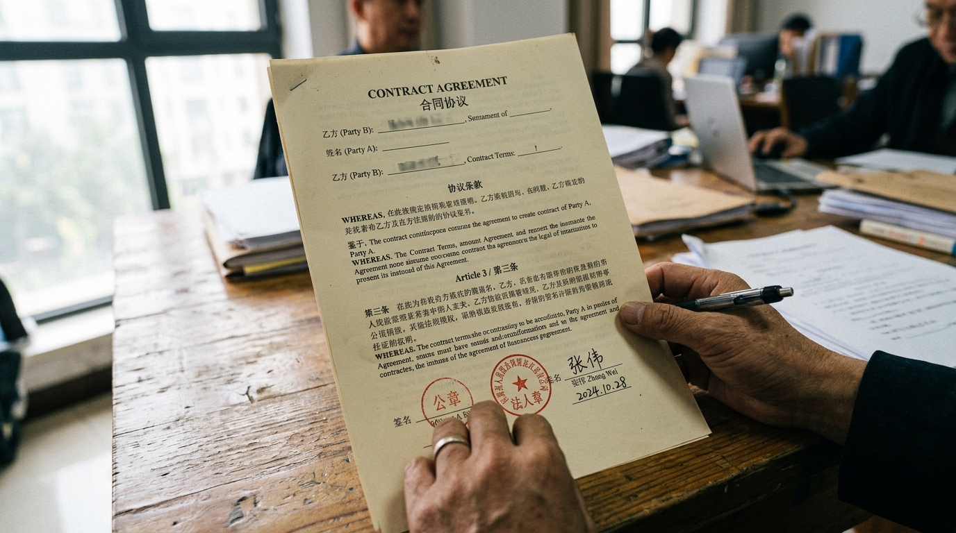 Document juridique en chinois et en anglais sur un bureau