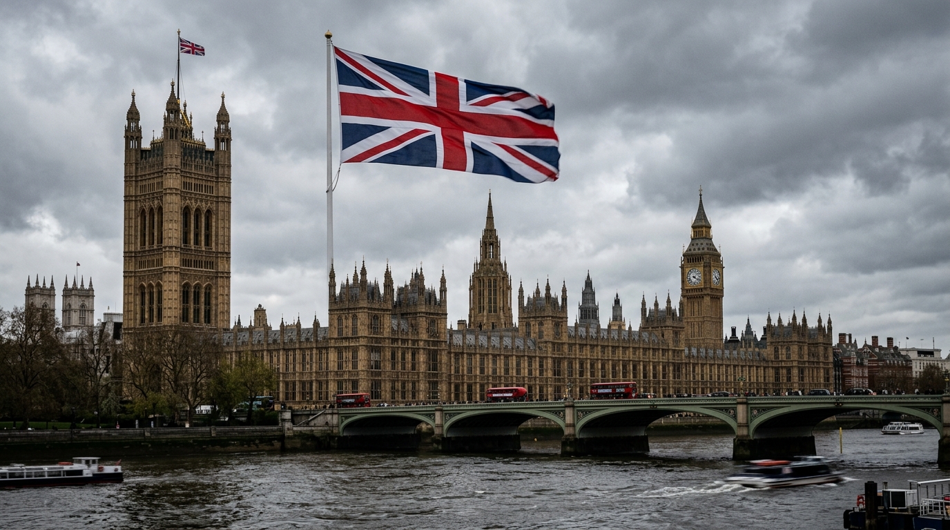 Drapeau britannique devant un bâtiment gouvernemental à Londres