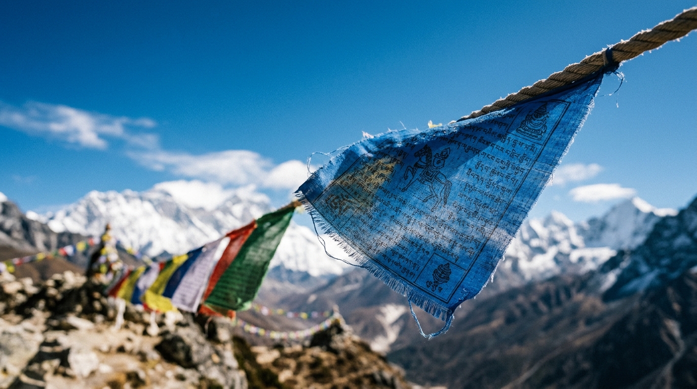 Drapeau de prière tibétain coloré contre un ciel bleu