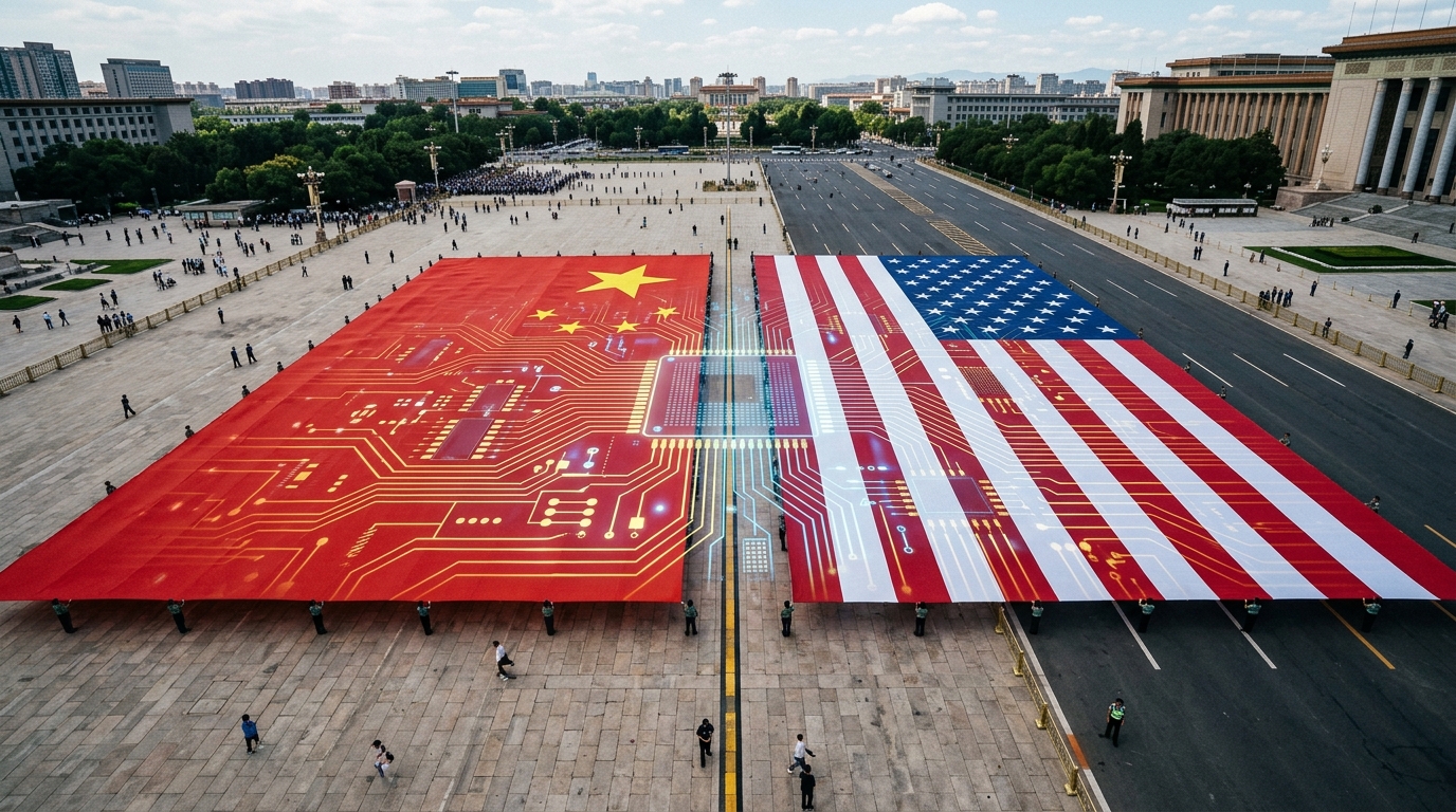 Drapeaux américain et chinois avec motif de circuit électronique
