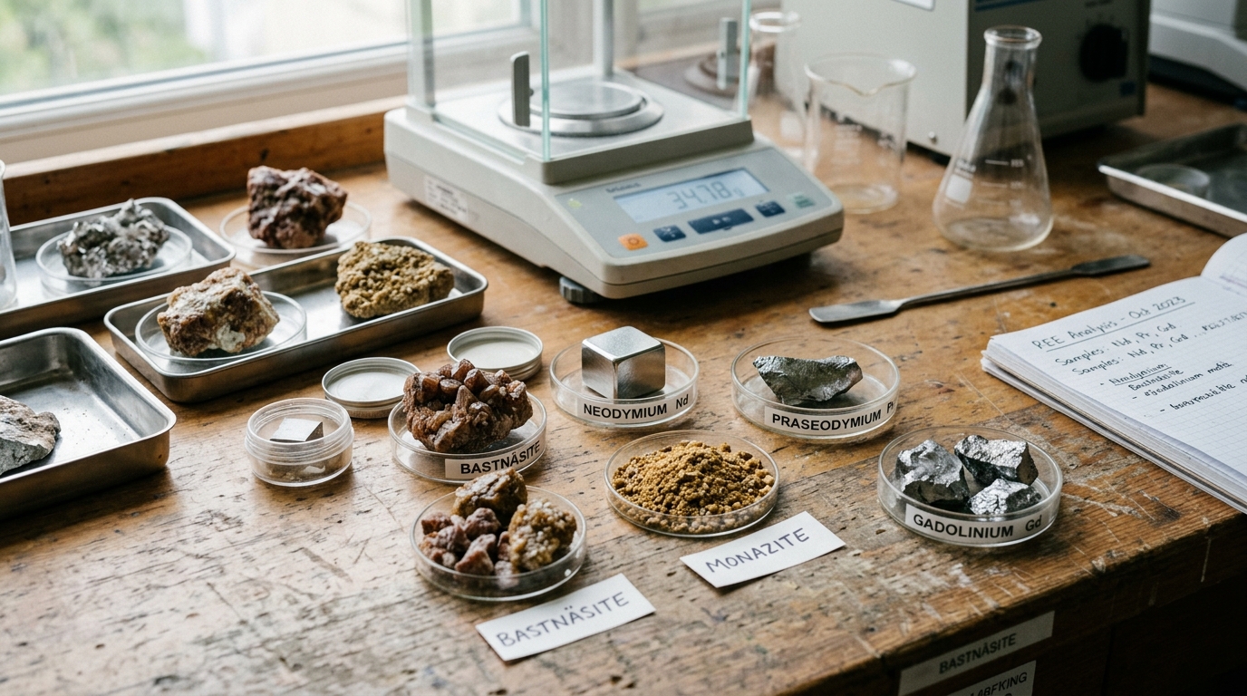 Échantillons de terres rares sur une table de laboratoire