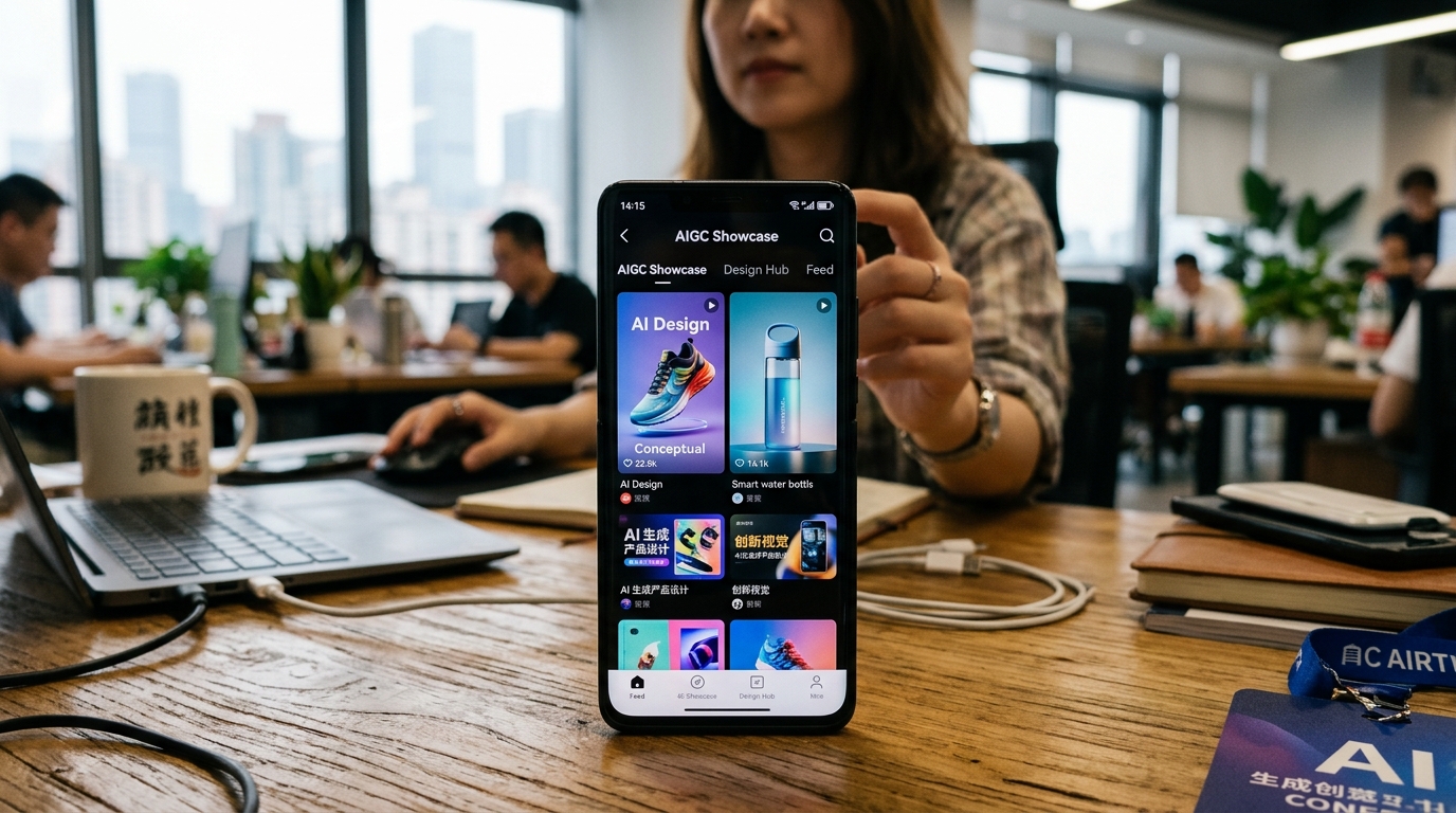 Écran de smartphone affichant des vidéos produit générées par IA dans un bureau moderne en Chine