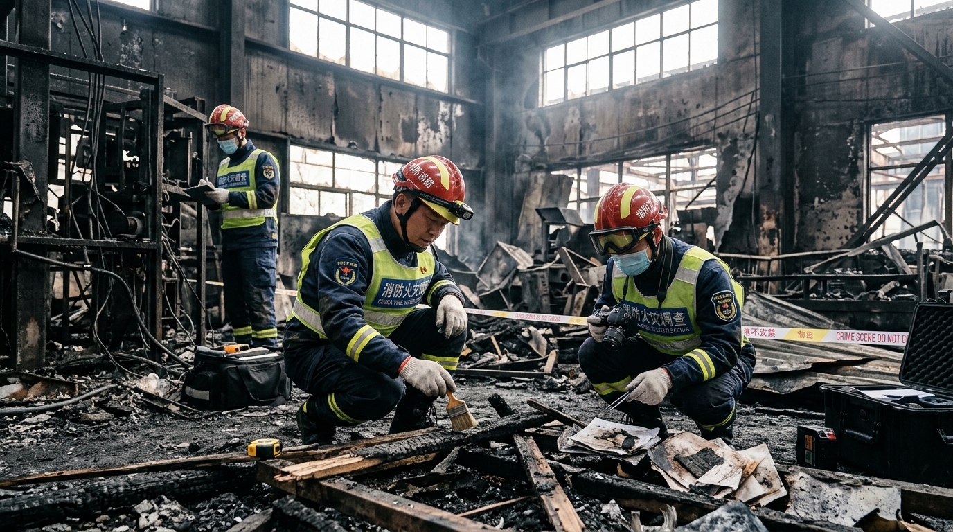 Enquêteurs examinant les décombres d'un bâtiment industriel incendié