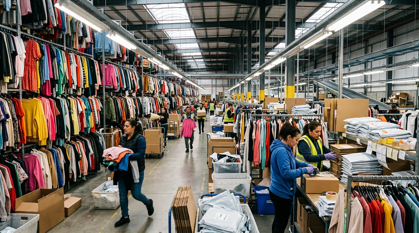 Entrepôt logistique de fast-fashion avec des vêtements colorés en rayonnage